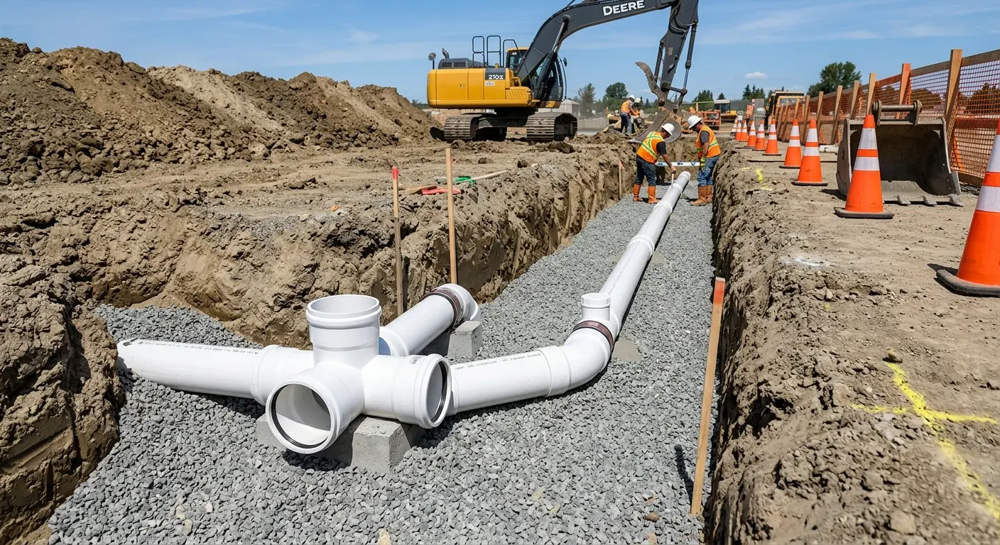New PVC sewer pipe installation in open trench for Commercial Drain Cleaning in Margate City