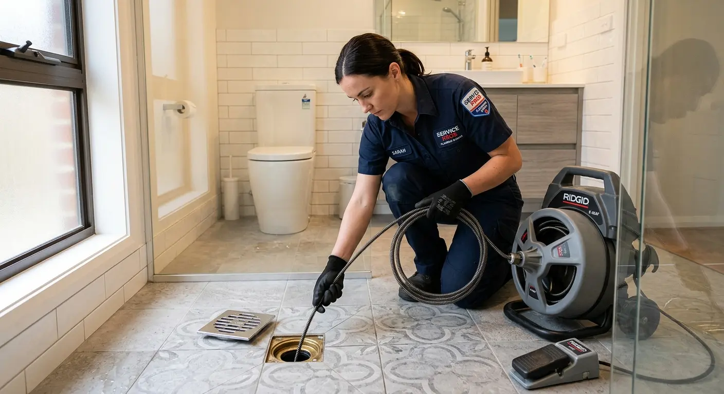 Technician clearing a bathroom floor drain for Sewer Line Installation in Margate City
